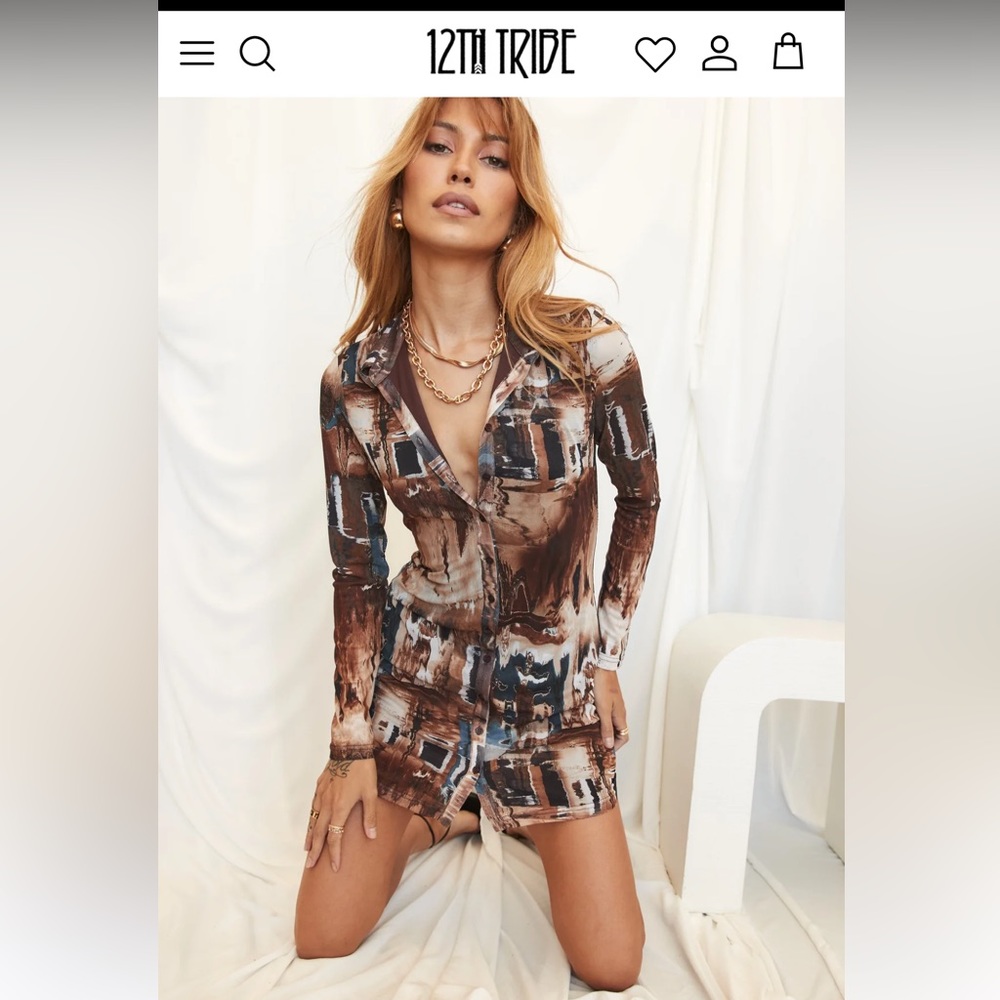 12th Tribe Pollock Brown Button Up Mesh Dress